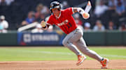 Jul 12, 2025; Atlanta, GA, USA;  American League outfielder Max Clark (13) of the Detroit Tigers runs for the base during the first inning against National League at Truist Park.