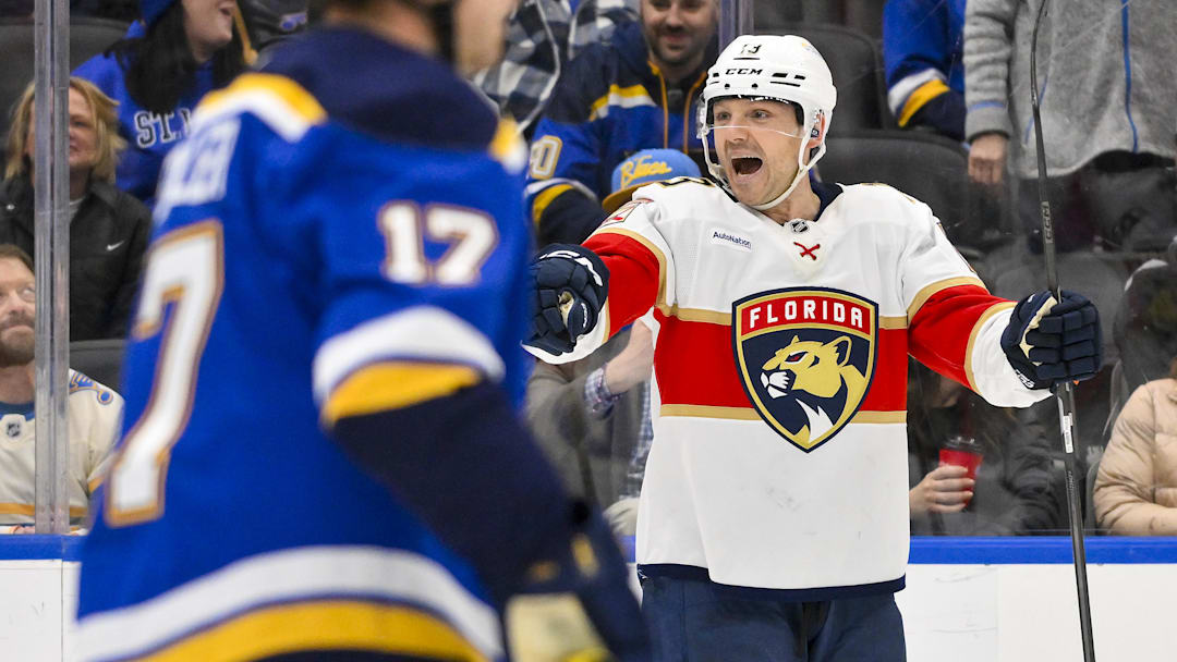 Feb 6, 2025; St. Louis, Missouri, USA;  Florida Panthers center Sam Reinhart (13) reacts after scoring the game winning goal against the St. Louis Blues during the third period at Enterprise Center. Mandatory Credit: Jeff Curry-Imagn Images