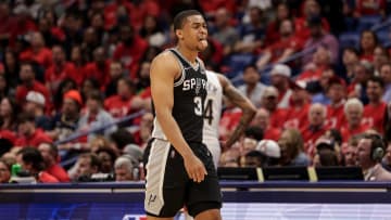 Apr 13, 2022; New Orleans, Louisiana, USA; San Antonio Spurs forward Keldon Johnson (3) reacts to a play against the New Orleans Pelicans during the first half of a play-in playoff game at the Smoothie King Center. 