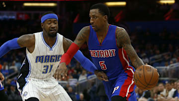 Mar 24, 2017; Orlando, FL, USA; Detroit Pistons guard Kentavious Caldwell-Pope (5) drives to the basket as Orlando Magic forward Terrence Ross (31) defends during the first quarter at Amway Center. Mandatory Credit: Kim Klement-Imagn Images