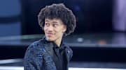 Jun 25, 2025; Brooklyn, NY, USA;  Nolan Traore reacts after being selected as the 19th pick by the Brooklyn Nets in the first round of the 2025 NBA Draft at Barclays Center. Mandatory Credit: Brad Penner-Imagn Images