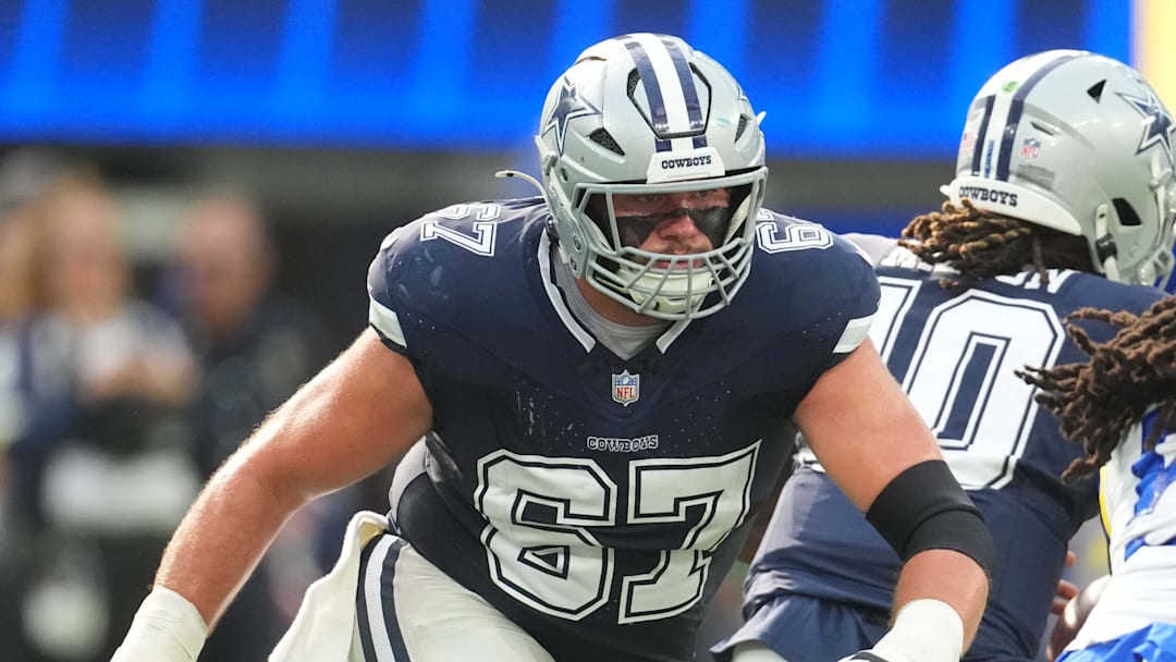 Aug 9, 2025; Inglewood, California, USA; Dallas Cowboys center Brock Hoffman (67) against the Los Angeles Rams in the first half at SoFi Stadium. Mandatory Credit: Kirby Lee-Imagn Images