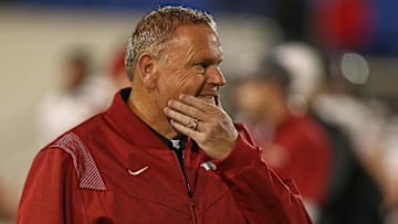 Dec 27, 2024; Memphis, TN, USA; Arkansas Razorbacks head coach Sam Pittman looks on during warm ups prior to the game against the Texas Tech Red Raiders at Simmons Bank Liberty Stadium. Mandatory Credit: Petre Thomas-Imagn Images