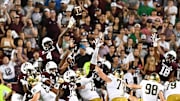 Aug 31, 2024; College Station, Texas, USA; Texas A&M Aggies defensive lineman Shemar Stewart (4) attempts to block the kicks during the second quarter against the Notre Dame Fighting Irish at Kyle Field. Mandatory Credit: Maria Lysaker-Imagn Images
