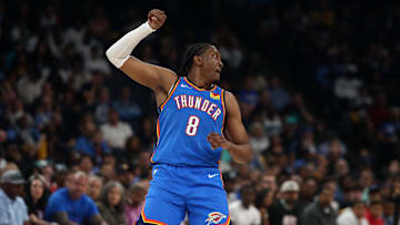Apr 26, 2025; Memphis, Tennessee, USA; Oklahoma City Thunder forward Jalen Williams (8) reacts after a three point basket during the fourth quarter against the Memphis Grizzlies during game four for the first round of the 2024 NBA Playoffs at FedExForum.