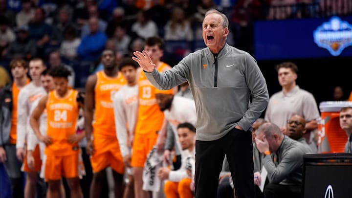 Tennessee coach Rick Barnes works with his team during the first half of a SEC tournament quarterfinal game against Vanderbilt at Bridgestone Arena in Nashville, Tenn., Friday, March 13, 2026.