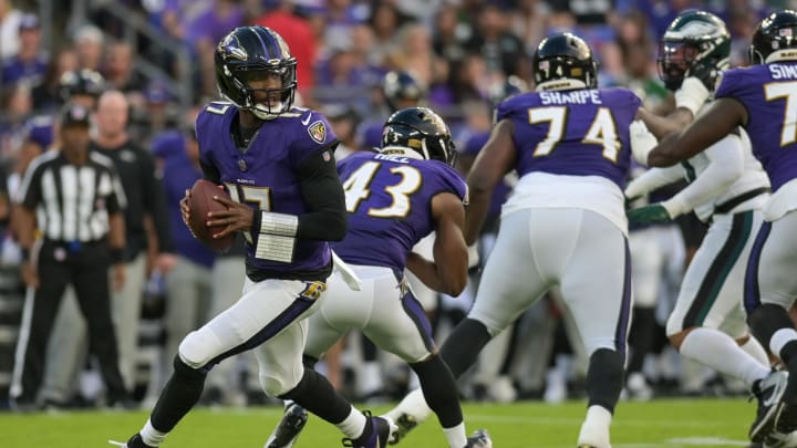 Aug 12, 2023; Baltimore, Maryland, USA;  Baltimore Ravens quarterback Josh Johnson (17) rolls out to pass during the first half against the Philadelphia Eagles at M&T Bank Stadium. Mandatory Credit: Tommy Gilligan-USA TODAY Sports