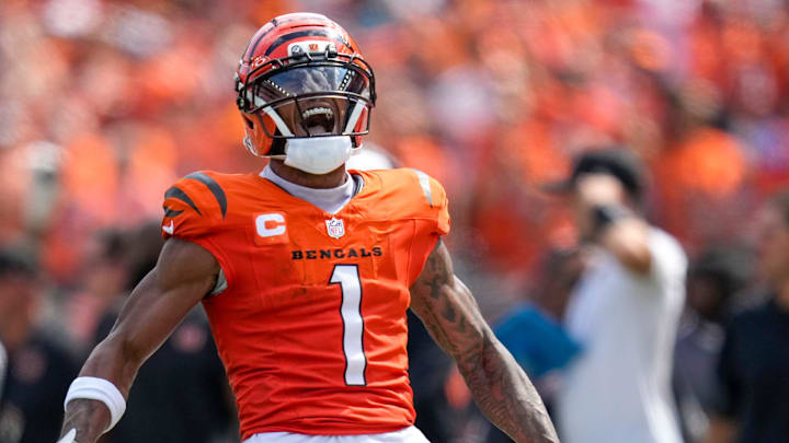 Cincinnati Bengals wide receiver Ja'Marr Chase (1) celebrates after breaking away for a long run on a reception in the second quarter of the NFL Week 2 game between the Cincinnati Bengals and the Jacksonville Jaguars at Paycor Stadium in downtown Cincinnati on Sunday, Sept. 14, 2025. The Jaguars led 17-10 at halftime.