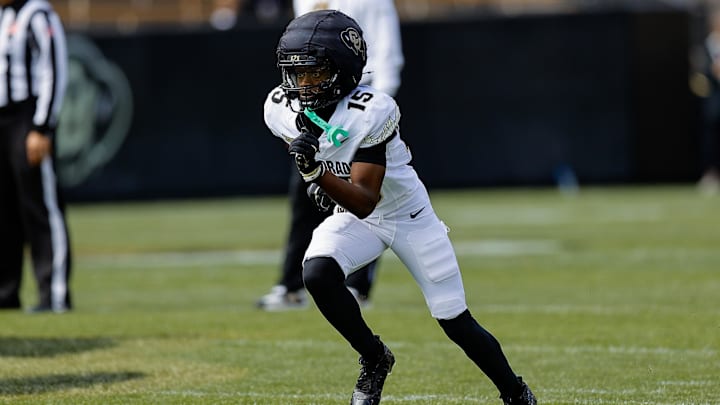 Apr 19, 2025; Boulder, CO, USA; Colorado Buffaloes wide receiver Quentin Gibson (15) during the spring game at Folsom Field. Mandatory Credit: Isaiah J. Downing-Imagn Images