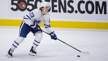 Sep 24, 2024; Ottawa, Ontario, CAN; Toronto Maple Leafs left swing Matthew Knies (23) skates with the puck in the third period against the Ottawa Senators at the Canadian Tire Centre. Mandatory Credit: Marc DesRosiers-Imagn Images