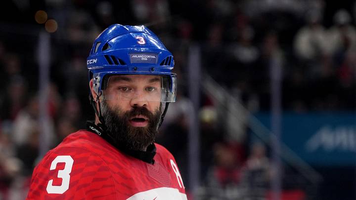 Feb 18, 2026; Milan, Italy; Radko Gudas of Czech Republic against Canada in a men's ice hockey quarterfinal during the Milano Cortina 2026 Olympic Winter Games at Milano Santagiulia Ice Hockey Arena. Mandatory Credit: Amber Searls-Imagn Images