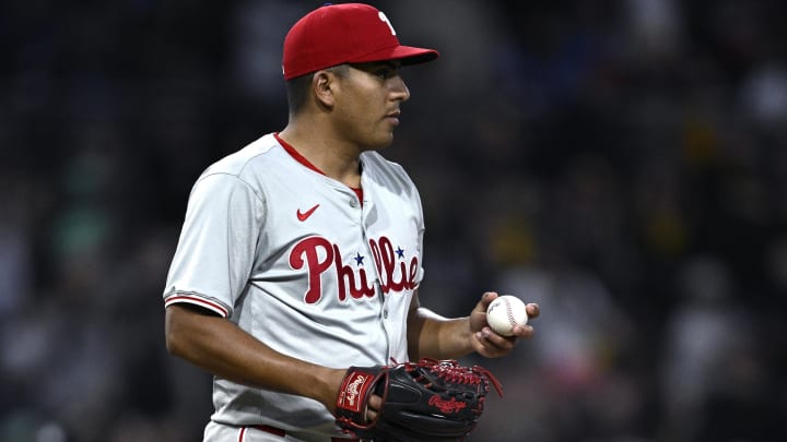 Apr 27, 2024; San Diego, California, USA; Philadelphia Phillies starting pitcher Ranger Suarez (55) looks on after a home run hit by San Diego Padres third baseman Eguy Rosario (not pictured) during the eighth inning at Petco Park.