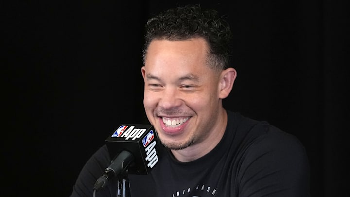 Mar 16, 2026; Inglewood, California, USA; San Antonio Spurs head coach Mitch Johnson at press conference at the Intuit Dome. Mandatory Credit: Kirby Lee-Imagn Images