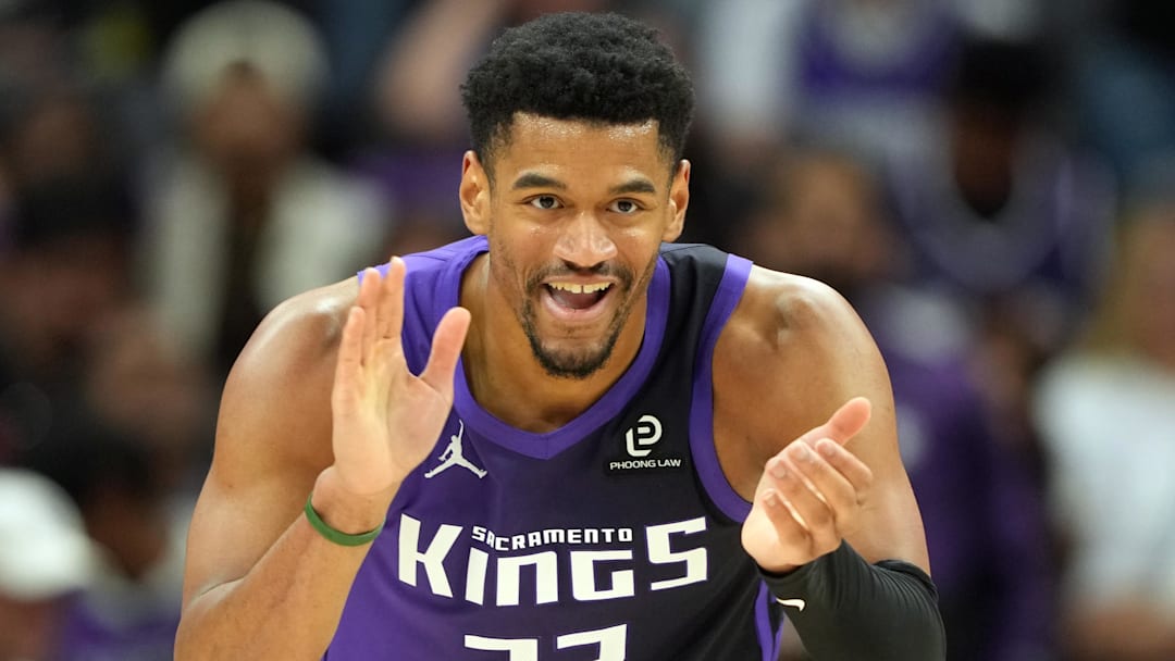 Apr 3, 2026; Sacramento, California, USA; Sacramento Kings center Dylan Cardwell (32) during the third quarter against the New Orleans Pelicans at Golden 1 Center. Mandatory Credit: Darren Yamashita-Imagn Images