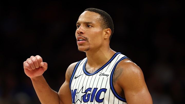 Feb 21, 2026; Phoenix, Arizona, USA; Orlando Magic guard Desmond Bane (3) celebrates a shot against the Phoenix Suns in the second half at Mortgage Matchup Center. Mandatory Credit: Mark J. Rebilas-Imagn Images