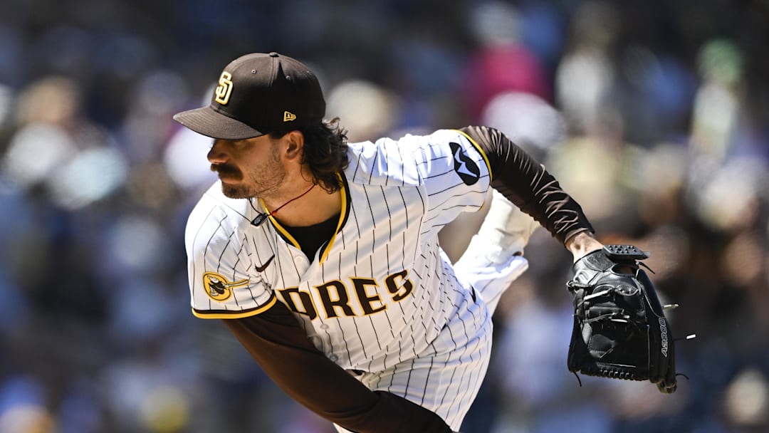 Sep 24, 2025; San Diego, California, USA; San Diego Padres starting pitcher Dylan Cease (84) delivers during the second inning against the Milwaukee Brewers at Petco Park. Mandatory Credit: Denis Poroy-Imagn Images