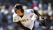 Sep 24, 2025; San Diego, California, USA; San Diego Padres starting pitcher Dylan Cease (84) delivers during the second inning against the Milwaukee Brewers at Petco Park. Mandatory Credit: Denis Poroy-Imagn Images