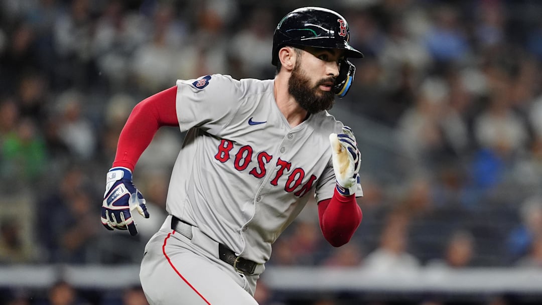 Sep 12, 2024; Bronx, New York, USA; Boston Red Sox first baseman Connor Wong (12) runs out a double against the New York Yankees during the second inning at Yankee Stadium. Mandatory Credit: Gregory Fisher-Imagn Images