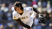 Sep 24, 2025; San Diego, California, USA; San Diego Padres starting pitcher Dylan Cease (84) delivers during the second inning against the Milwaukee Brewers at Petco Park. Mandatory Credit: Denis Poroy-Imagn Images