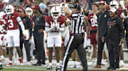 Sep 27, 2025; Stanford, California, USA;  Stanford Cardinal cornerback Aaron Morris (31) reacts to a call from the referee during the third quarter against the San Jose State Spartans at Stanford Stadium. Mandatory Credit: Stan Szeto-Imagn Images