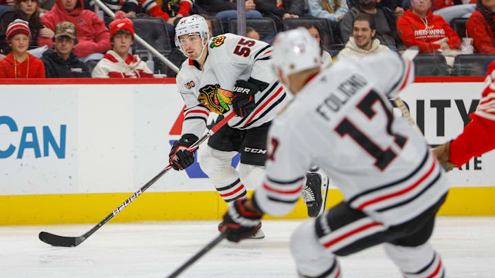 Nov 9, 2025; Detroit, Michigan, USA; Chicago Blackhawks defenseman Artyom Levshunov (55) handles the puck during the third period against the Detroit Red Wings at Little Caesars Arena. Mandatory Credit: Brian Bradshaw Sevald-Imagn Images