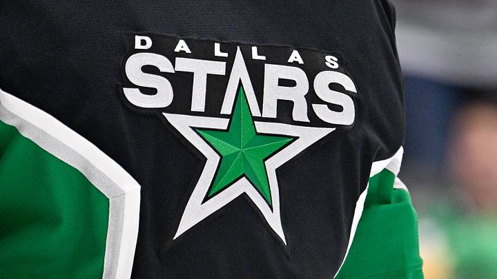 Jan 18, 2026; Dallas, Texas, USA; A view of the Dallas Stars logo on the jersey of goaltender Jake Oettinger (29) during the game at the American Airlines Center. 