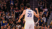 Dec 6, 2023; San Francisco, California, USA; Golden State Warriors forward Dario Saric (20) celebrates after scoring a three point basket against the Portland Trail Blazers during the fourth quarter at Chase Center. Mandatory Credit: Kelley L Cox-USA TODAY Sports