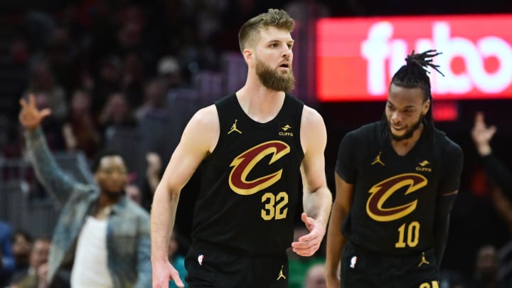 Mar 5, 2024; Cleveland, Ohio, USA; Cleveland Cavaliers forward Dean Wade (32) and guard Darius Garland (10) react after Wade hit a three point basket during the second half against the Boston Celtics at Rocket Mortgage FieldHouse. Mandatory Credit: Ken Blaze-USA TODAY Sports