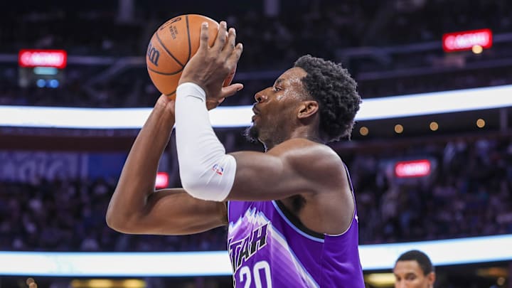 Feb 7, 2026; Orlando, Florida, USA; Utah Jazz center Jaren Jackson Jr. (20) shoots during the second half against the Orlando Magic at Kia Center. Mandatory Credit: Mike Watters-Imagn Images