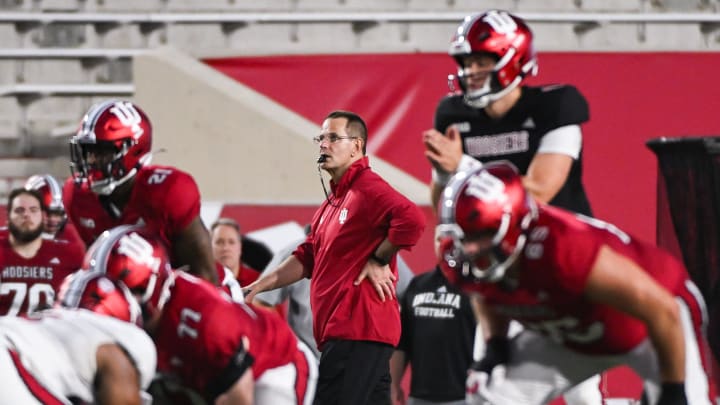 Indiana Hoosiers head coach Curt Cignetti looks on during the spring game at Memorial Stadium on Thursday, April 18, 2024.