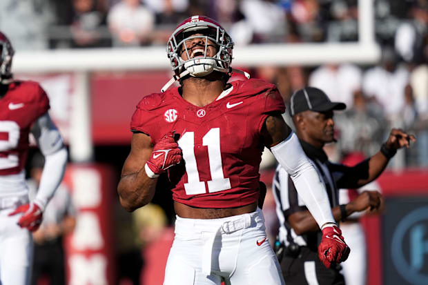 Alabama Crimson Tide linebacker Jihaad Campbell celebrates after sacking Mercer quarterback Whitt Newbauer.