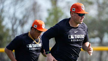 Detroit Tigers infielders Spencer Torkelson Hao-Yu Lee warm up during spring training at TigerTown in 2025.