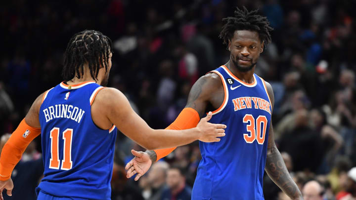 Feb 24, 2023; Washington, District of Columbia, USA; New York Knicks forward Julius Randle (30) celebrates with guard Jalen Brunson (11) after the game against the Washington Wizards during the second half at Capital One Arena. Mandatory Credit: Brad Mills-USA TODAY Sports