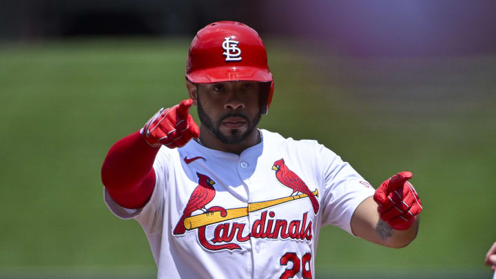 Jul 31, 2024; St. Louis, Missouri, USA;  St. Louis Cardinals right fielder Tommy Pham (29) reacts after hitting a single against the Texas Rangers during the second inning at Busch Stadium. Mandatory Credit: Jeff Curry-USA TODAY Sports