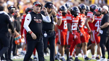 Oct 18, 2025; Tempe, Arizona, USA; Texas Tech Red Raiders head coach Joey McGuire against the Arizona State Sun Devils at Mountain America Stadium. Mandatory Credit: Mark J. Rebilas-Imagn Images