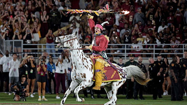 Sep 9, 2023; Tallahassee, Florida, USA; Florida State Seminoles symbols Chief Osceola and Renegade take the field