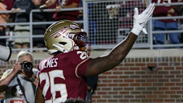 Nov 18, 2023; Tallahassee, Florida, USA;  Florida State Seminoles running back Caziah Holmes (26) celebrates a touchdown against the North Alabama Lions during the third quarter at Doak S. Campbell Stadium. Mandatory Credit: Morgan Tencza-Imagn Images
