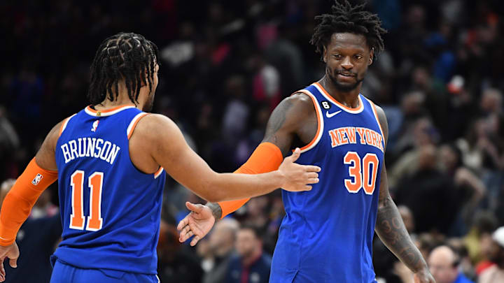 Feb 24, 2023; Washington, District of Columbia, USA; New York Knicks forward Julius Randle (30) celebrates with guard Jalen Brunson (11) after the game against the Washington Wizards during the second half at Capital One Arena. Mandatory Credit: Brad Mills-Imagn Images