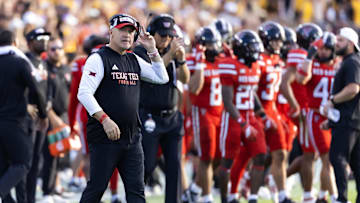 Oct 18, 2025; Tempe, Arizona, USA; Texas Tech Red Raiders head coach Joey McGuire against the Arizona State Sun Devils at Mountain America Stadium. Mandatory Credit: Mark J. Rebilas-Imagn Images