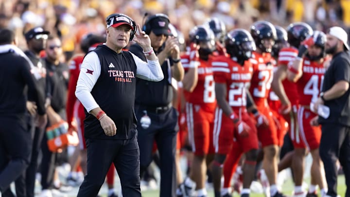 Oct 18, 2025; Tempe, Arizona, USA; Texas Tech Red Raiders head coach Joey McGuire against the Arizona State Sun Devils at Mountain America Stadium. Mandatory Credit: Mark J. Rebilas-Imagn Images