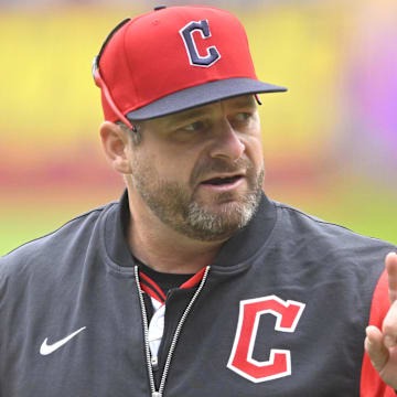 May 31, 2025; Cleveland, Ohio, USA; Cleveland Guardians manager Stephen Vogt (12) walks on the field during a game against the Los Angeles Angels at Progressive Field. Mandatory Credit: David Richard-Imagn Images