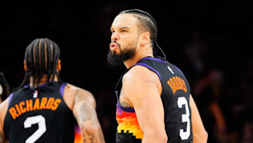 Nov 13, 2025; Phoenix, Arizona, USA;  Phoenix Suns forward Dillon Brooks (3) reacts to a score during the second half of the game at Mortgage Matchup Center. Mandatory Credit: Arianna Grainey-Imagn Images