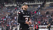 Nov 15, 2025; Cincinnati, Ohio, USA;  Cincinnati Bearcats quarterback Brendan Sorsby walks off the field after his team’s loss to the Arizona Wildcats at Nippert Stadium. Mandatory Credit: Aaron Doster-Imagn Images