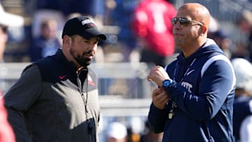 Oct 29, 2022; University Park, Pennsylvania, USA; Ohio State Buckeyes head coach Ryan Day talks to Penn State Nittany Lions head coach James Franklin prior to the NCAA Division I football game at Beaver Stadium. Mandatory Credit: Adam Cairns-The Columbus Dispatch

Ncaa Football Ohio State Buckeyes At Penn State Nittany Lions
