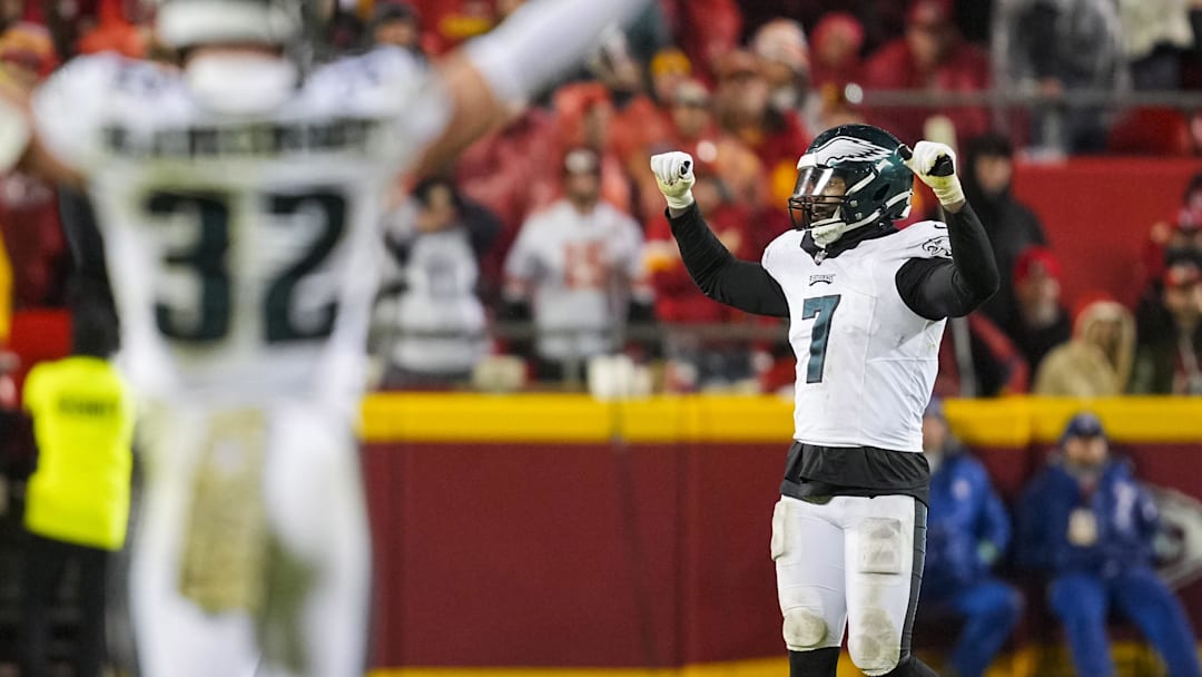 Nov 20, 2023; Kansas City, Missouri, USA; Philadelphia Eagles linebacker Haason Reddick (7) celebrates after defeating the Kansas City Chiefs at GEHA Field at Arrowhead Stadium. Mandatory Credit: Jay Biggerstaff-Imagn Images