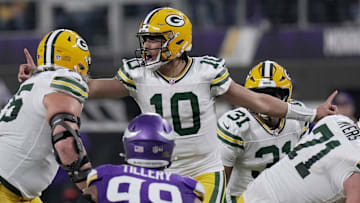 Green Bay Packers quarterback Jordan Love (10) makes an adjustment at the line during the first quarter of their game against the Minnesota Vikings Sunday, December 29, 2024 at U.S. Bank Stadium in Minneapolis, Minnesota.el