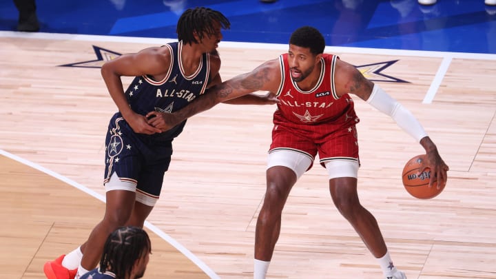 Feb 18, 2024; Indianapolis, Indiana, USA; Western Conference forward Paul George (13) of the LA Clippers dribbles the ball against Eastern Conference guard Tyrese Maxey (0) of the Philadelphia 76ers during the second quarter in the 73rd NBA All Star game at Gainbridge Fieldhouse. Mandatory Credit: Trevor Ruszkowski-USA TODAY Sports