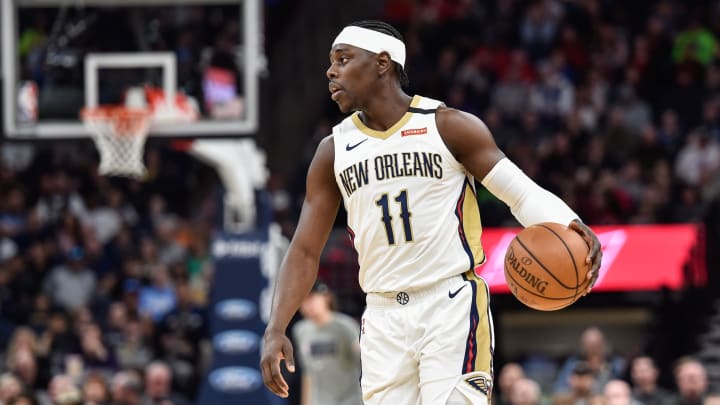 Mar 8, 2020; Minneapolis, Minnesota, USA; New Orleans Pelicans guard Jrue Holiday (11) controls the ball against the Minnesota Timberwolves during the first quarter at Target Center. 