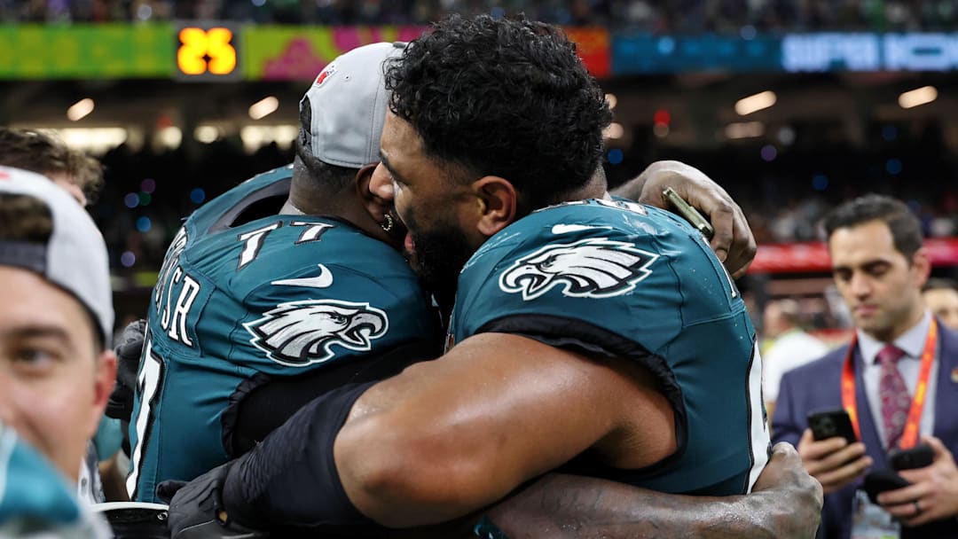Feb 9, 2025; New Orleans, LA, USA; Philadelphia Eagles offensive tackle Jordan Mailata (68) celebrates with Philadelphia Eagles offensive tackle Mekhi Becton (77) after winning Super Bowl LIX at Caesars Superdome. Mandatory Credit: Geoff Burke-Imagn Images