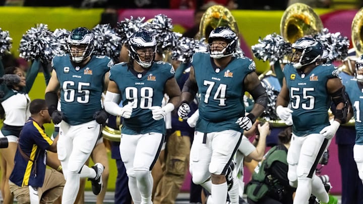 hiladelphia Eagles offensive tackle Lane Johnson (65), defensive end Jalen Carter (98), offensive tackle Fred Johnson (74)